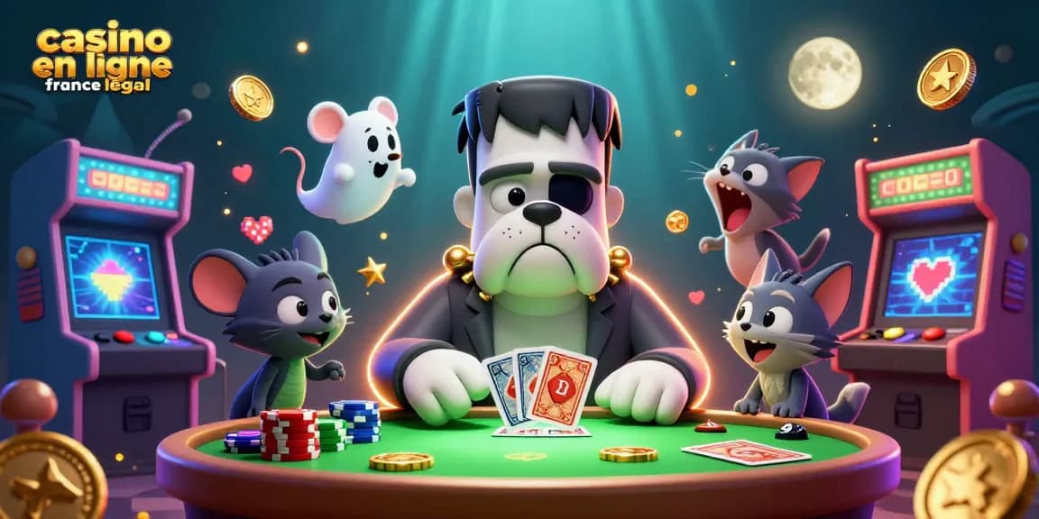 Illustration animée 3D de casino en ligne légal en France avec un bulldog monstre jouant aux cartes.