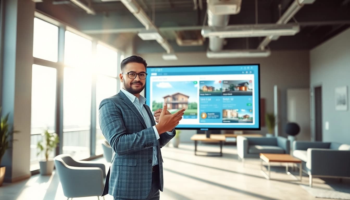 Engaging real estate agent presenting property listings in a bright office environment.