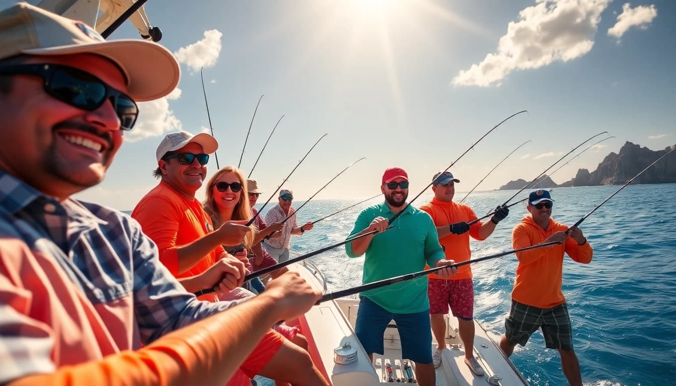 Cabo fishing charters experience with anglers celebrating a big catch against a vibrant sunset.