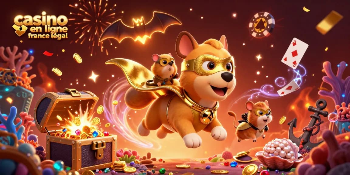 Illustration d'un super-héros en plein vol avec des pièces d'or, représentant le casino en ligne France légal.