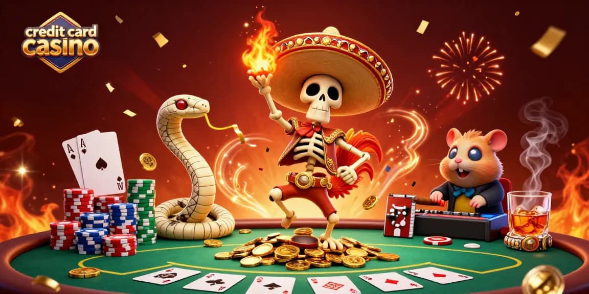 A festive scene depicting a credit card casino with a skeleton, mummy, and zombie DJ celebrating wins among poker elements.