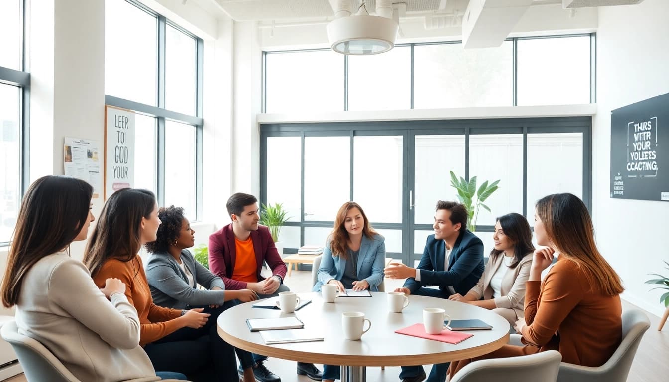 Business coach los Angeles guiding a diverse group in a modern office environment.