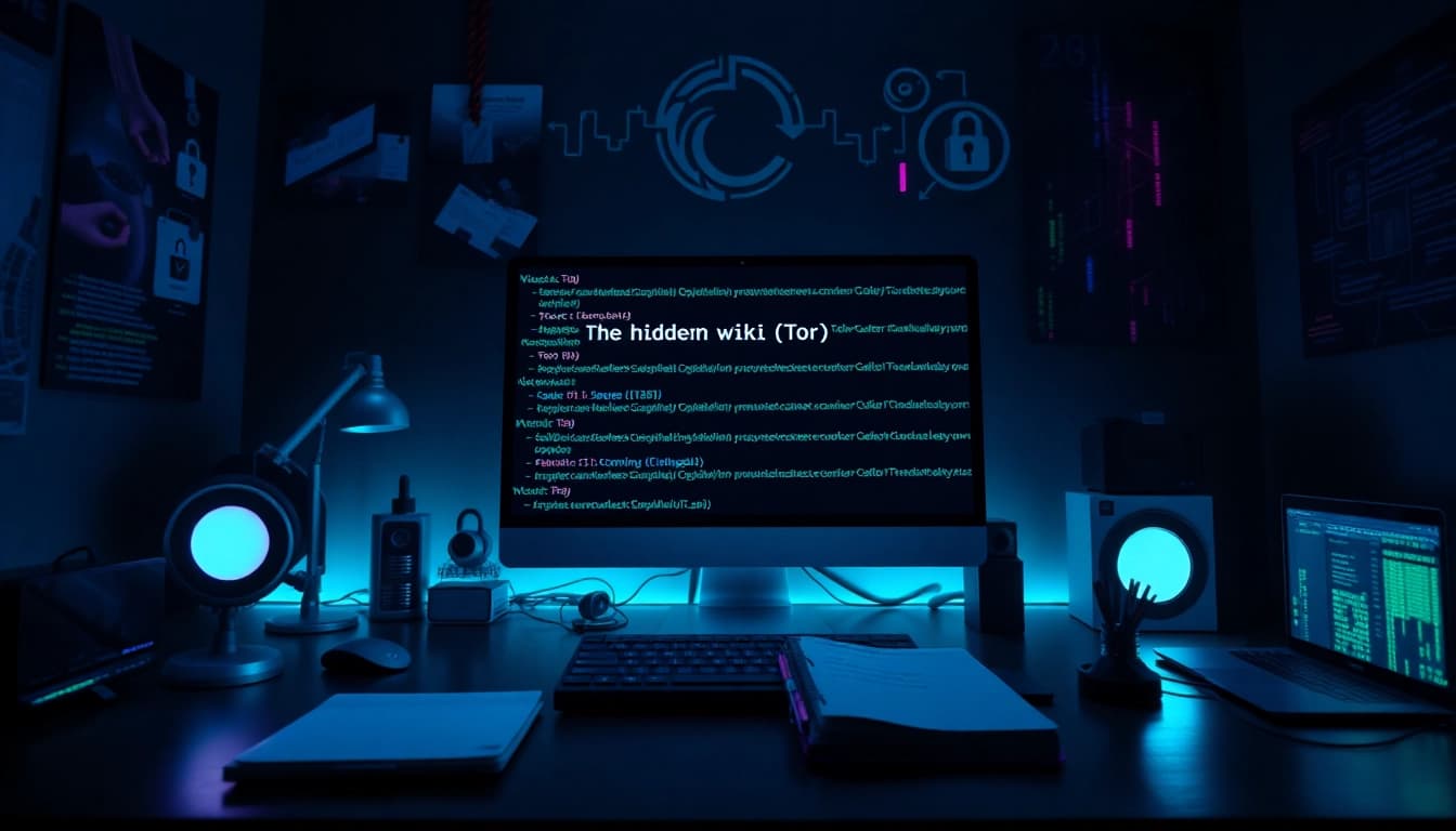 The Hidden Wiki Tor digital landscape showcasing encrypted .onion links in a tech-savvy workspace.