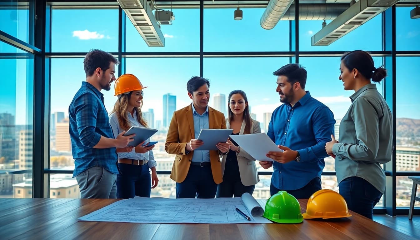 Engaged professionals in a construction association denver setting discussing plans and blueprints.