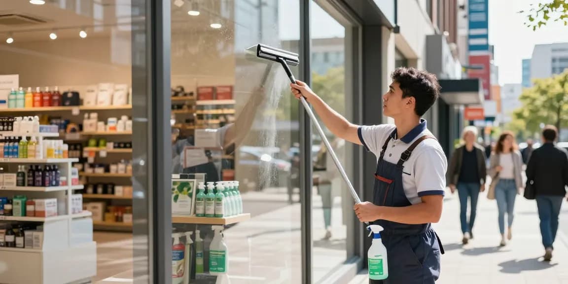 Schaufensterreinigung Dortmund - Professioneller Fensterputzer reinigt großes Schaufenster in einem urbanen Geschäft.
