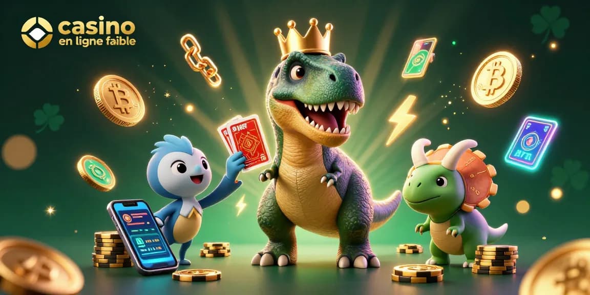 Jouez à un casino en ligne fiable avec une scène animée de dinosaures s'amusant aux cartes et aux jetons.