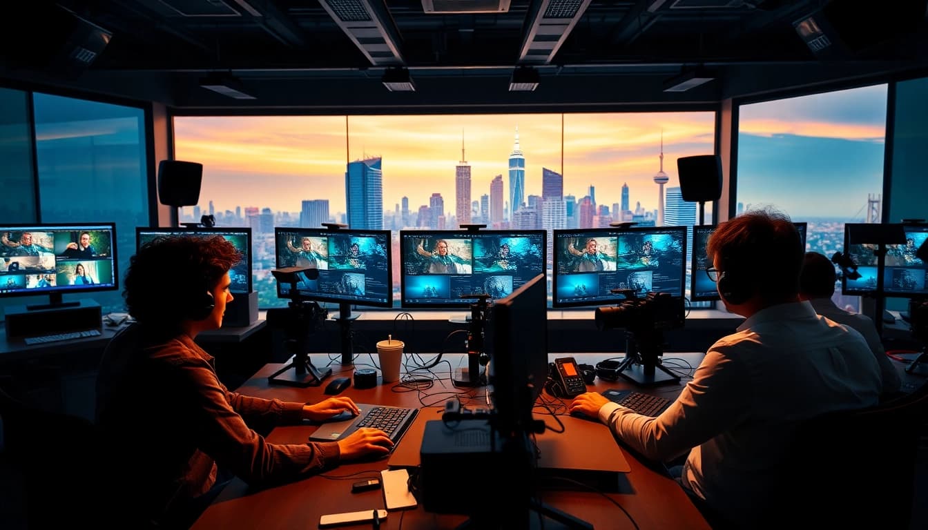 Showcasing skilled professionals in action offering video editing services in a vibrant studio setting.