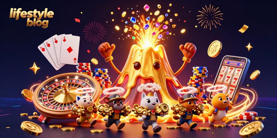 Win big at the lifestyle blog casino, a vibrant 3D scene with a golden volcano erupting treasures.