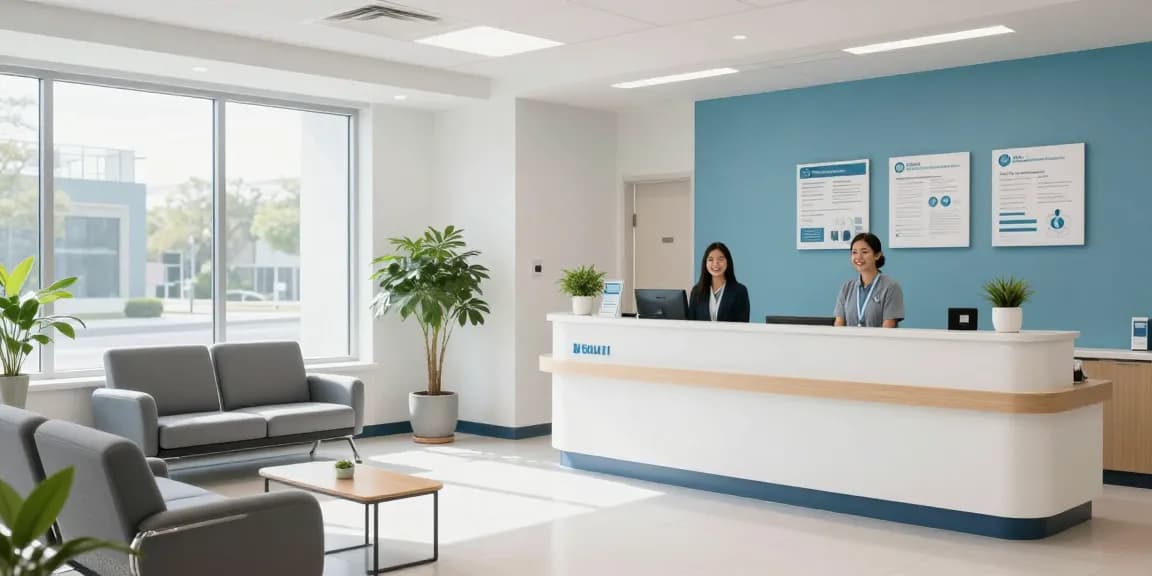 COBRA health insurance options at a welcoming healthcare clinic, with compassionate staff assisting patients.