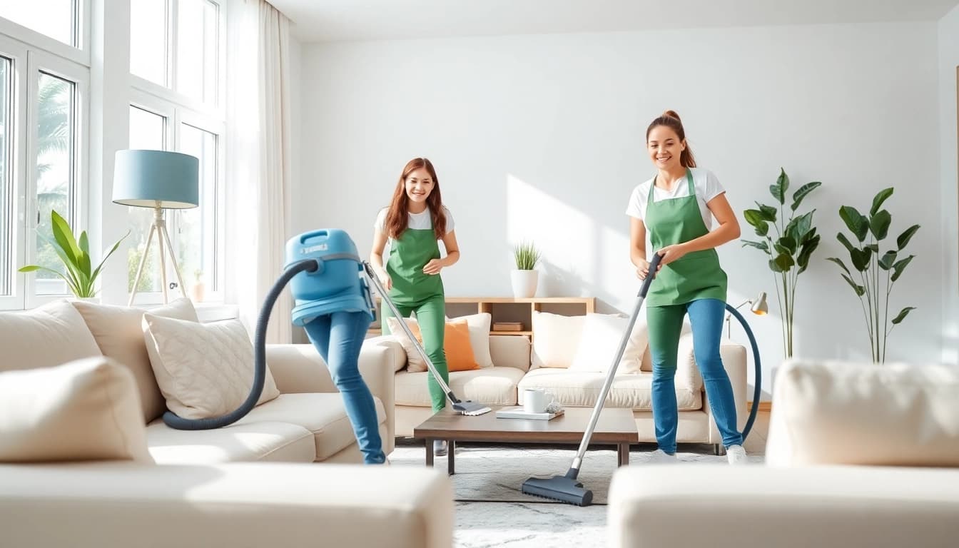 Engaged cleaning service professionals restoring a bright, tidy home environment.