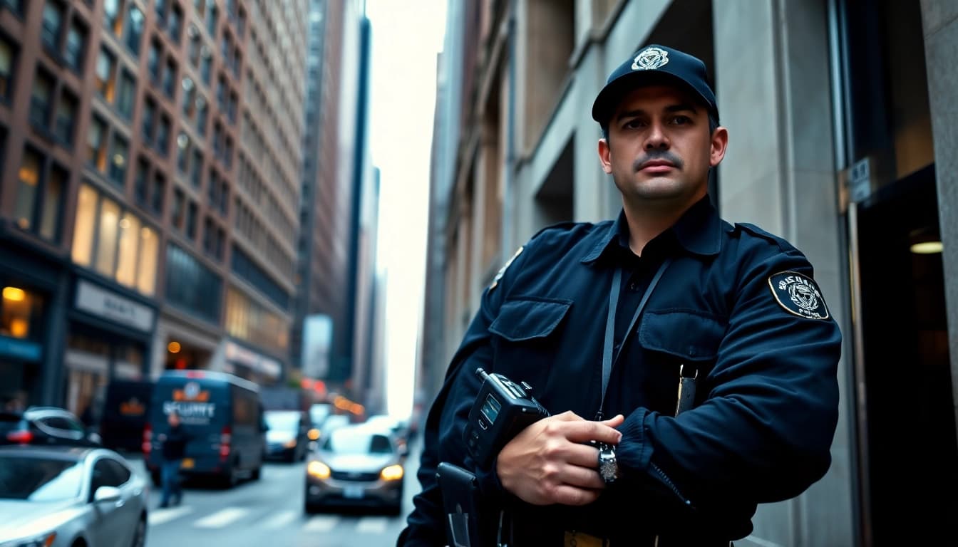 New York Private Security Guard in uniform exuding professionalism and trust in Manhattan.