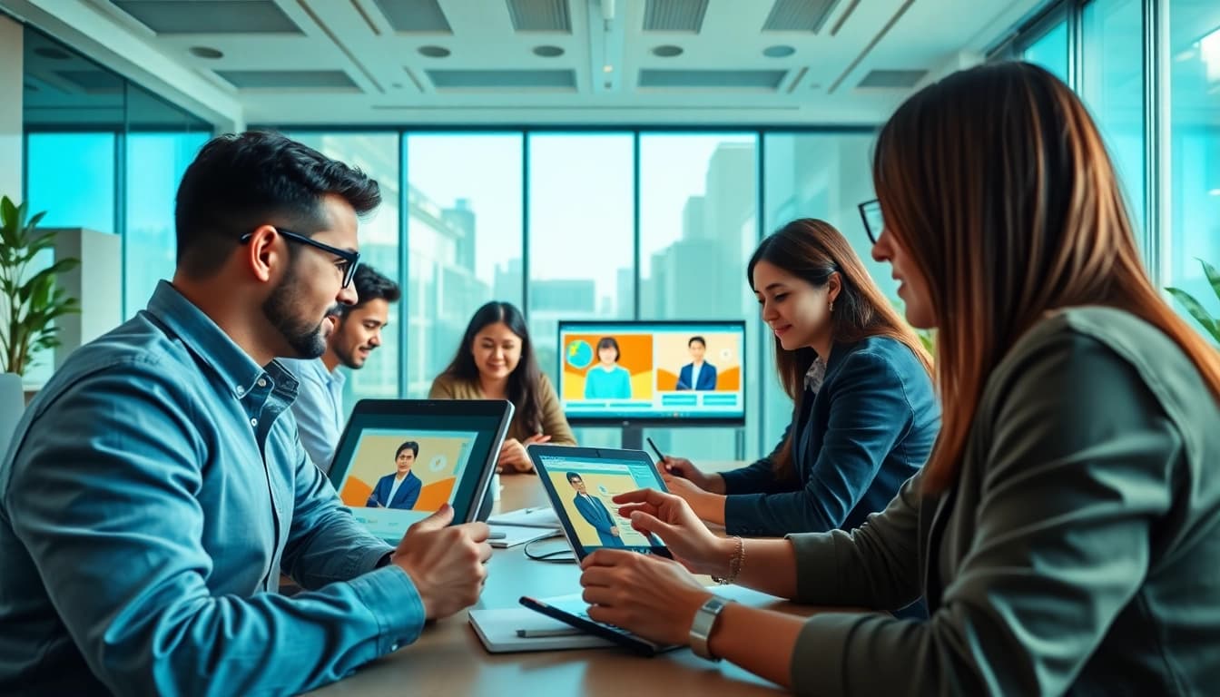 Bizmates プロモーション要素を取り入れたオンライン英語学習の魅力的な場面。多様な受講生と講師を紹介。