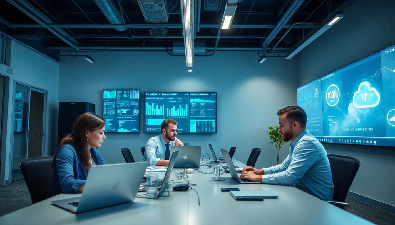 Managed IT Services Tampa professionals collaborating in a modern office setting with technology.
