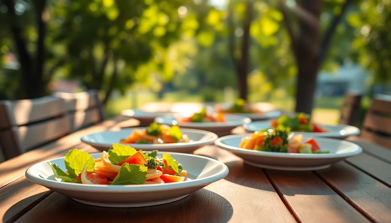 Serving fresh food on eco friendly disposable plates with natural designs on a wooden table.