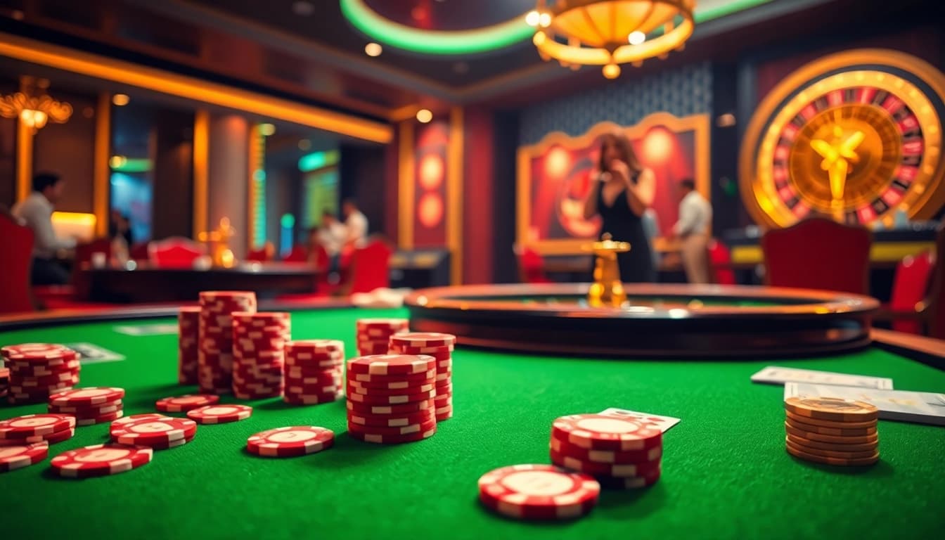 Experience thrilling moments at rr88 with vibrant casino games, exciting poker chips, and a stylish roulette wheel.