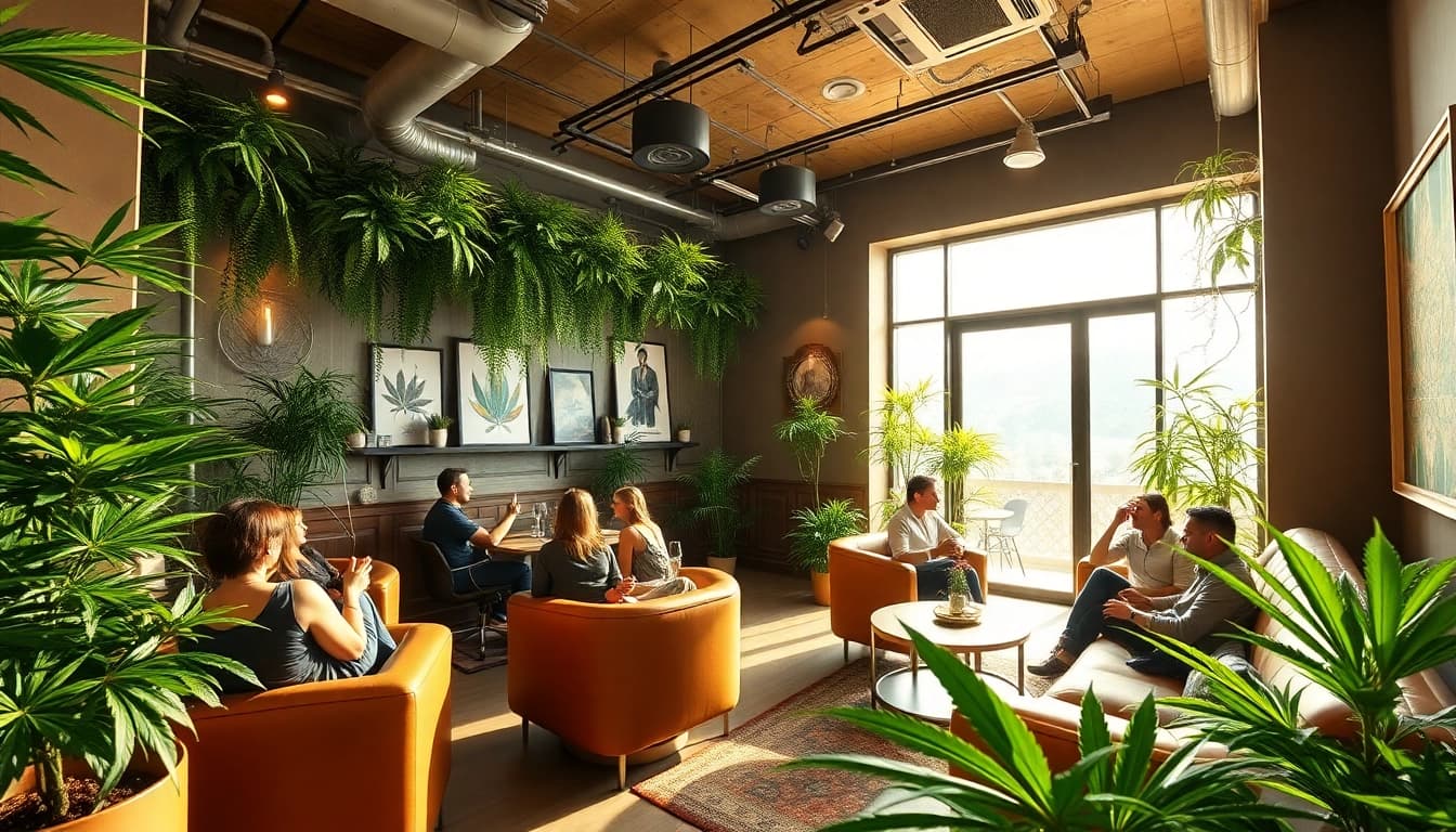 People socializing at The Corner Cannabis Club Madrid in a vibrant and welcoming lounge setting.