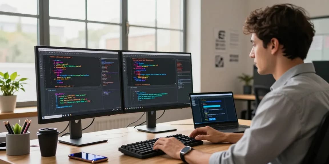 Paper airplane technology workspace showcasing a developer coding at dual monitors, illustrating 纸飞机官网 innovation.
