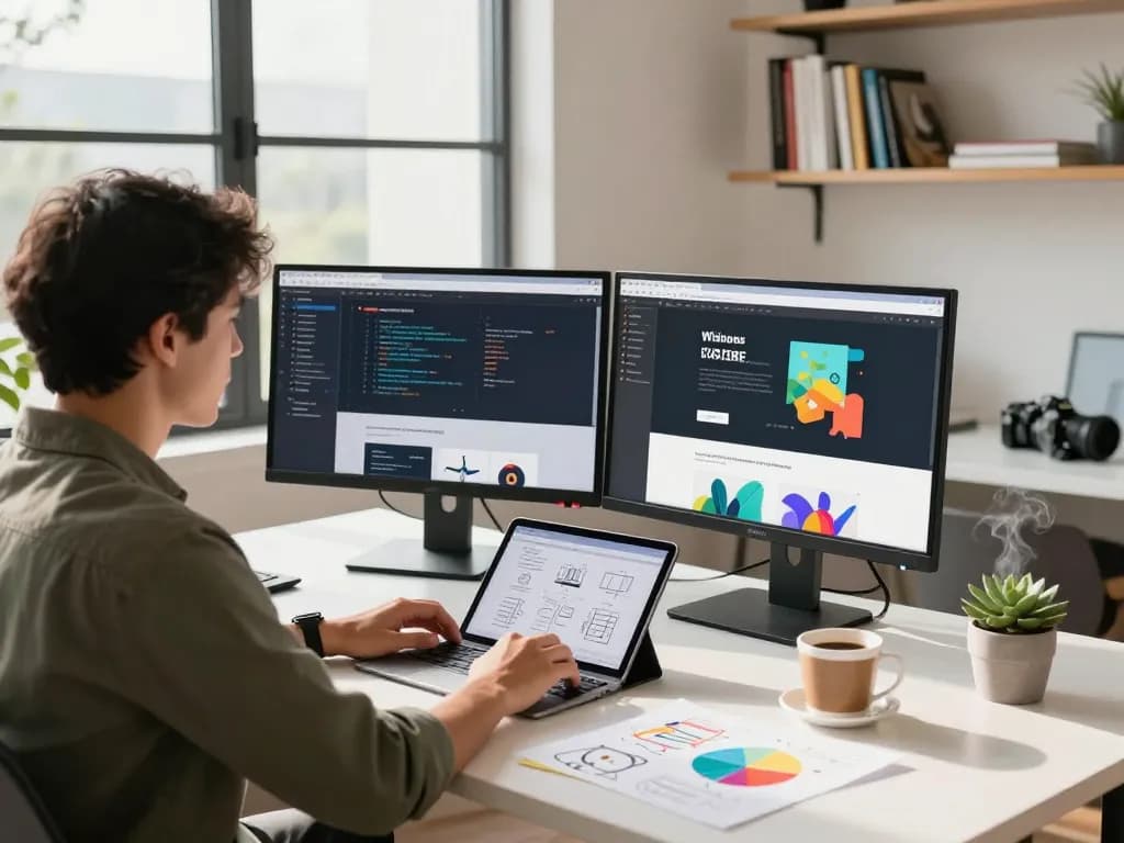Freelance website designer Kuala Lumpur working in a modern studio with dual monitors and design sketches.