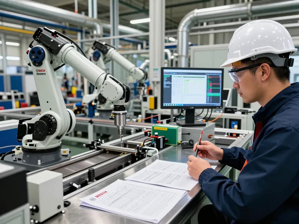 Bosch Rexroth machinery being inspected by an engineer in a modern industrial workspace.