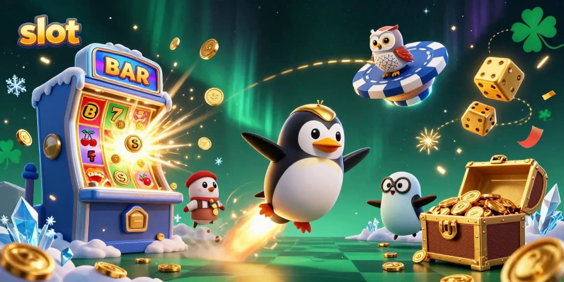 Spin and win big with slot games featuring golden penguin, dynamic casino elements in space