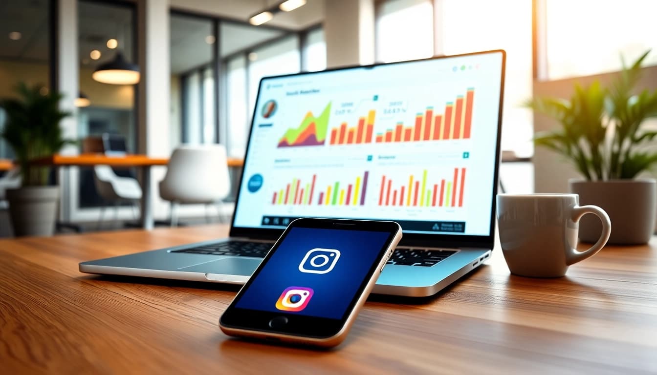 Illustrate Instagram smm panel in a digital marketing workspace with analytics and social media elements.