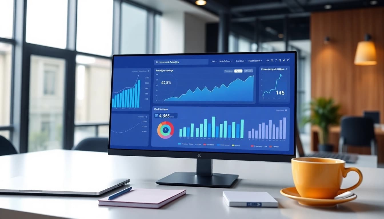 Visualize https://benchbot.ai as a cutting-edge analytics dashboard in a modern office.