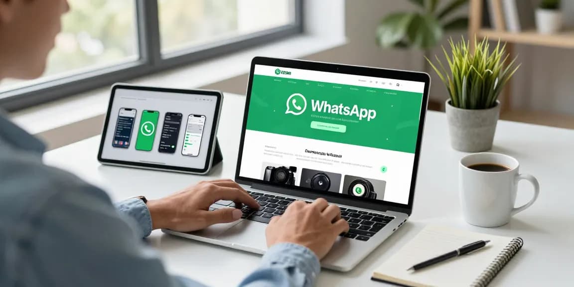 Person downloading WhatsApp下載 on laptop in a modern tech workspace.