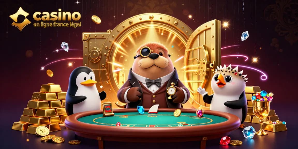 Découvrez un casino en ligne France légal avec un morse joueur et un poisson-globe bluffeur entourés de trésors gemmes.