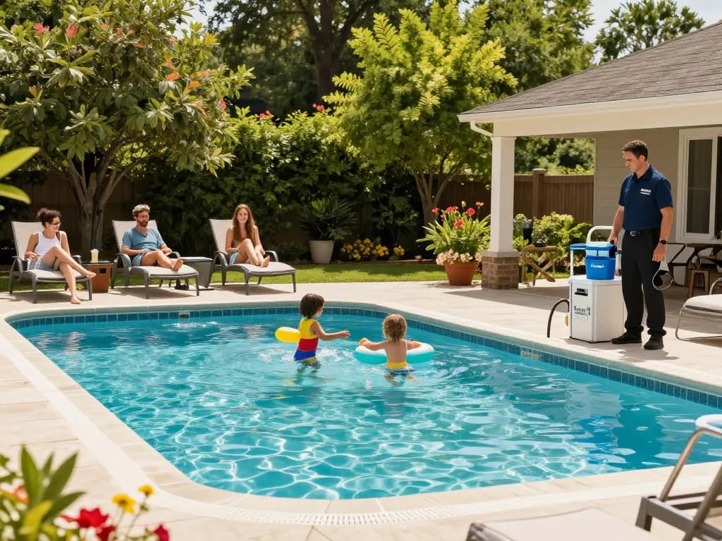 Dolphin Pool Services family enjoying a sunlit swimming pool, showcasing community and care.