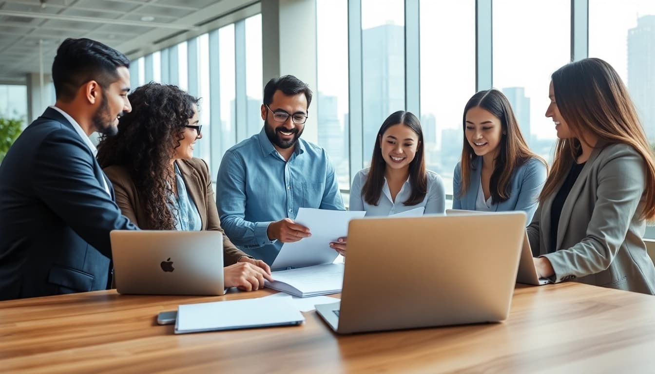 Collaborative team strategizing for an outsource sales team in a modern office.