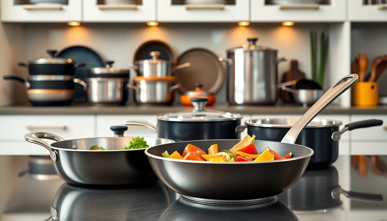 Showcase professional cookware in a modern kitchen with vibrant vegetables.