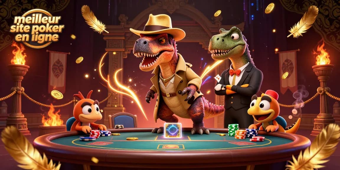 Le meilleur site de poker en ligne témoigne d'une scène immersive où un vélociraptor tente de tricher à une table de poker.