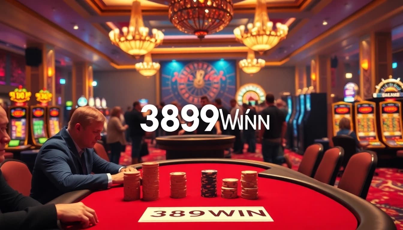 389WIN betting enthusiasts enjoying a thrilling night at a luxurious casino with poker tables.