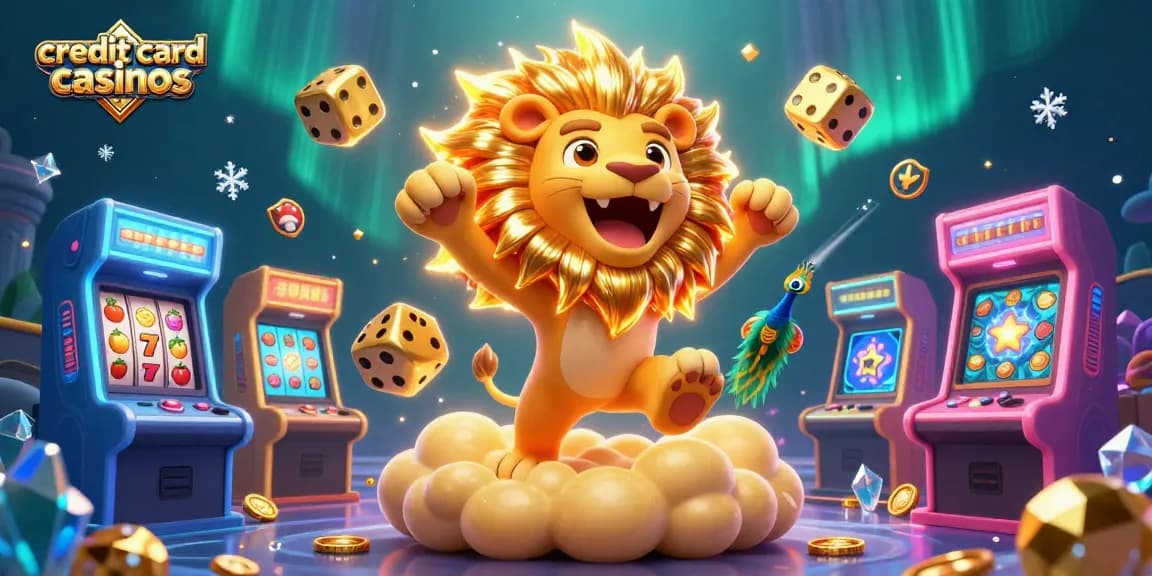Watch the thrilling scene of credit card casinos with animated gaming elements and a roaring lion.