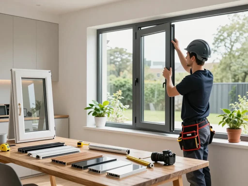 Experte Handwerker, der im Fensterbau Köln energieeffiziente Fenster in einem modernen Zuhause installiert.
