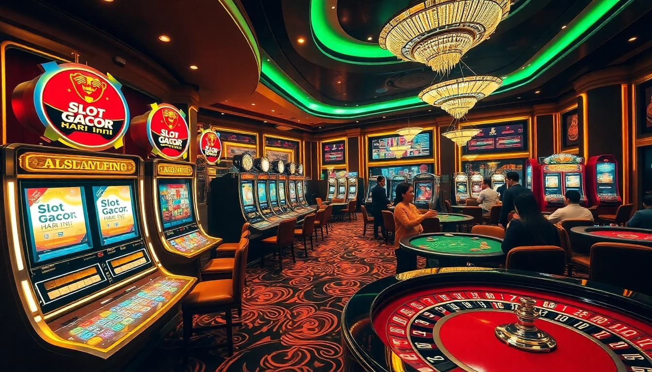 Experience thrilling Slot Gacor Hari ini with players celebrating wins at vibrant, luxurious casino machines.