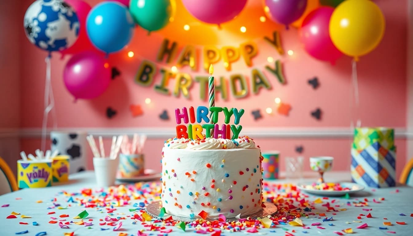 Decorated table showcasing a customizable birthday party setup with personalized details.
