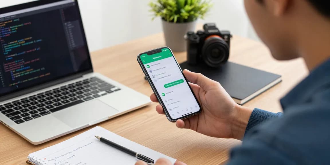 Engaged mobile user using WhatsApp下載 in a modern workspace.
