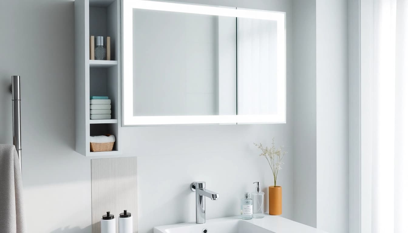 Spiegelschrank mit LED Beleuchtung zeigt modernes Design und praktische Funktionalität im Bad.