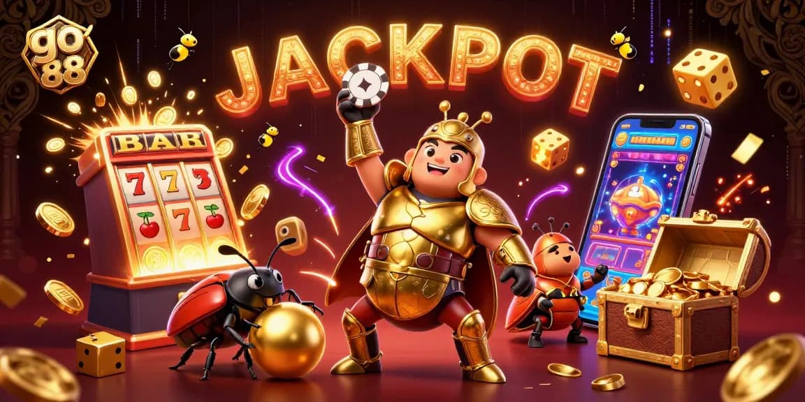 Engage your luck with go 88 in this vibrant, casino-themed digital illustration showcasing jackpot excitement.