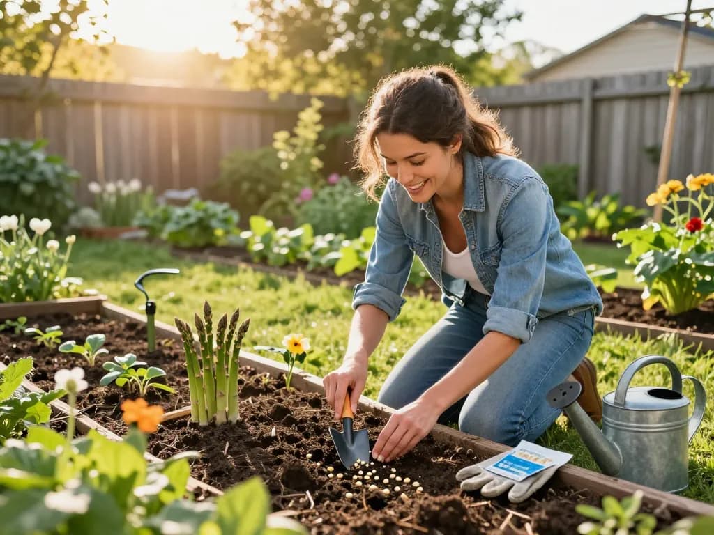 Gardener sowing green asparagus seeds in rich soil, enjoying the process of groene asperges zaaien in a vibrant home garden.