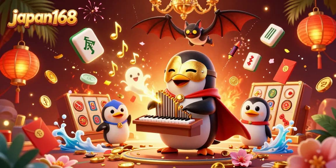 Experience the thrill of japan168 as the phantom opera penguin plays for jackpots amid vibrant casino elements.