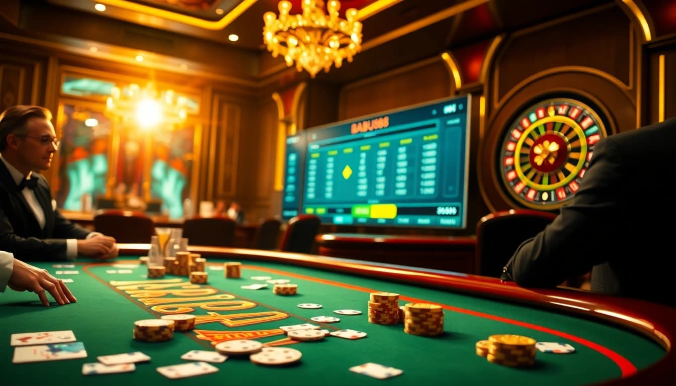 Players placing bets at a Babu88-branded poker table in a luxury casino.