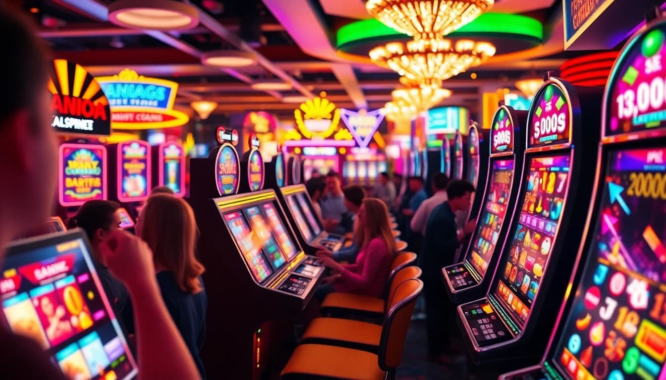 Menampilkan pengalaman luar biasa slot deposit 5000 dengan mesin slot berwarna-warni dan pemain yang antusias.