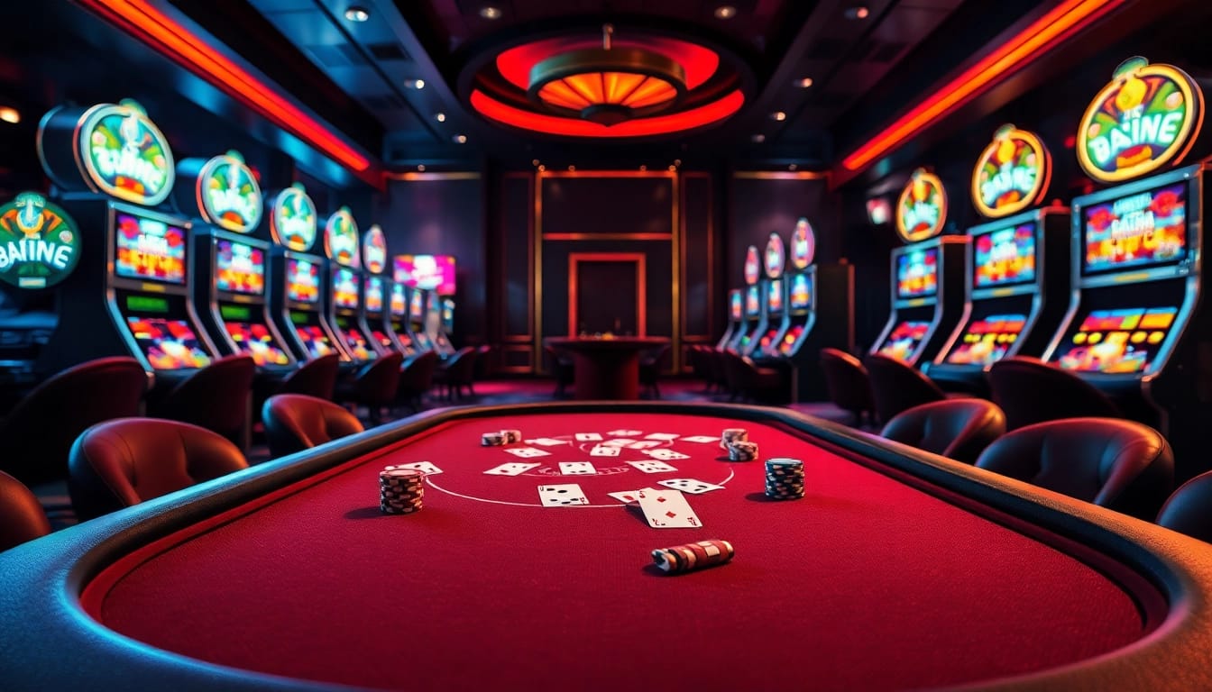 Engaging gamblers at a luxury casino featuring poker chips and vibrant slot machines at https://kjc.onl/.