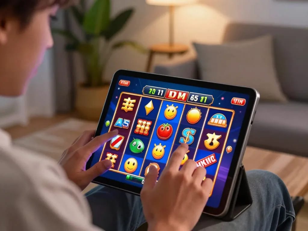Engaging gameplay of slot terbaru on a tablet in a cozy home environment.