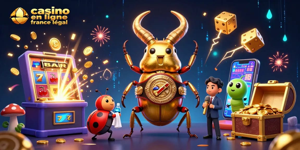 Illustration 3D vibrante représentant un casino en ligne France légal avec des personnages ludiques et des éléments de jeu dynamiques.