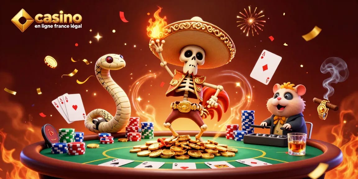 Animation dynamique avec un rooster mariachi dansant sur une pile de pièces, jeu en ligne classé comme casino en ligne france légal.