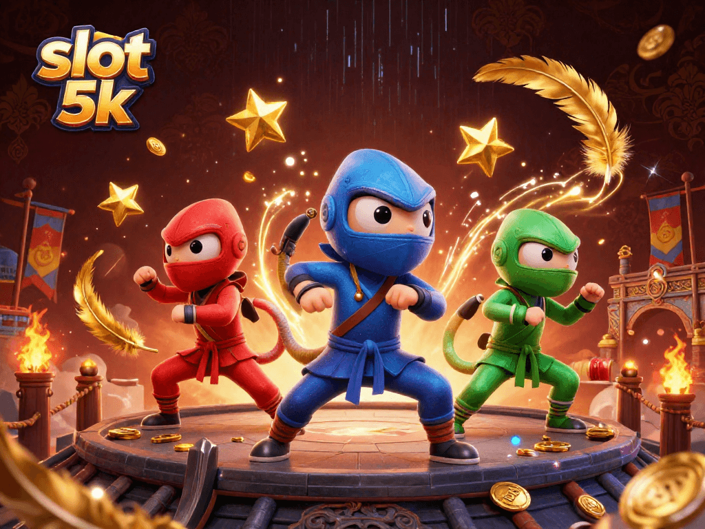 Engage with slot 5k as vibrant chameleons showcase martial arts amidst golden coins and energetic particles.