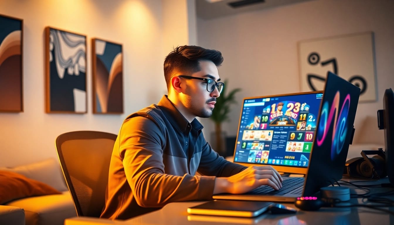 Experience new88 online gaming with a focused professional gambler at their modern desk.